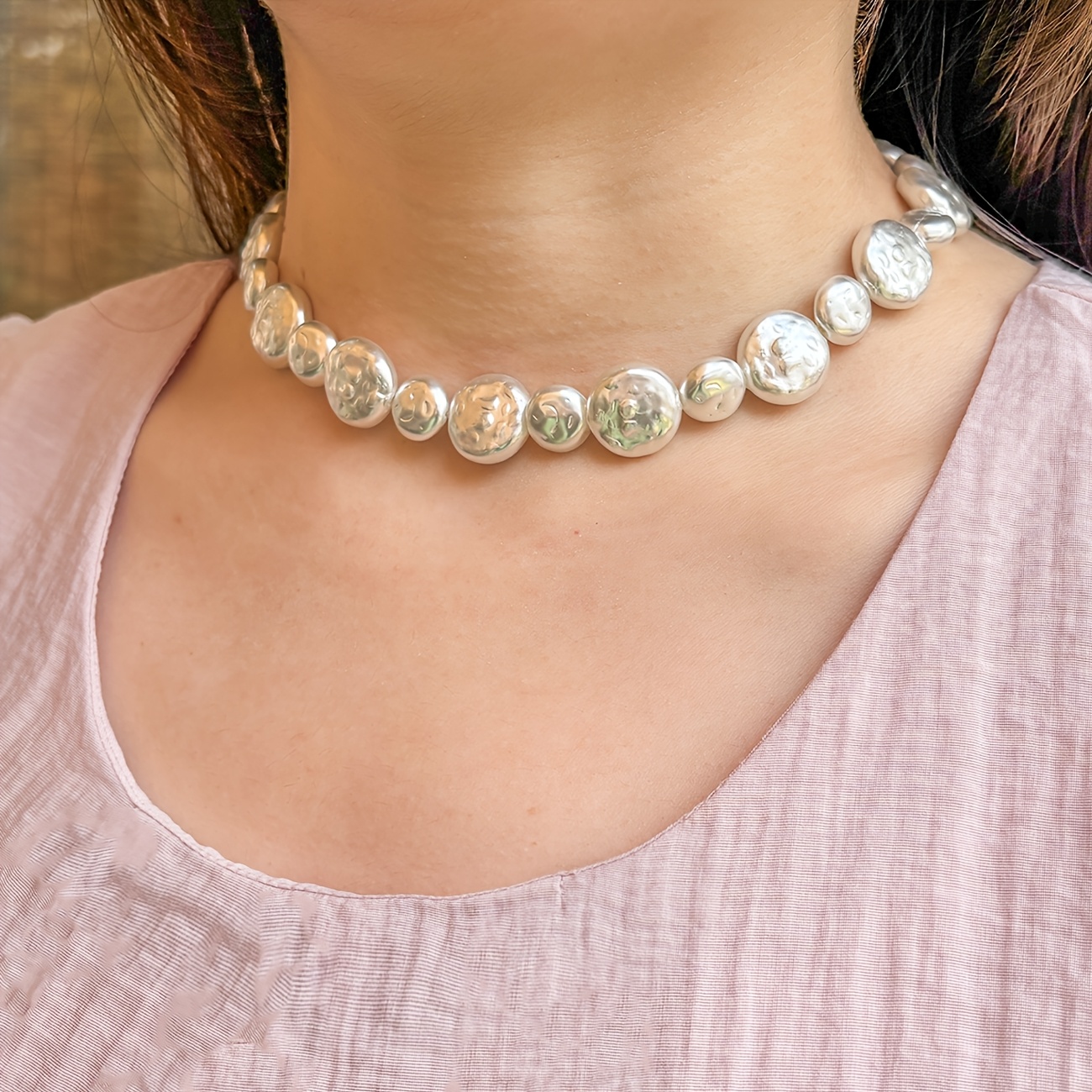 Women's Irregular Baroque Faux Pearl Choker Necklace, Adjustable